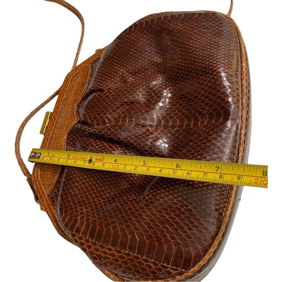 Brown Leather Clutch Snakeskin Shoulder Crossbody Strap Convertible Clutch 1980s - Picture 13 of 15